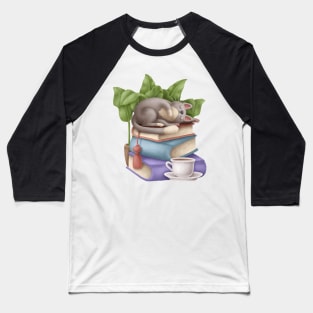 Cute Cat Napping on Books with Tea Baseball T-Shirt